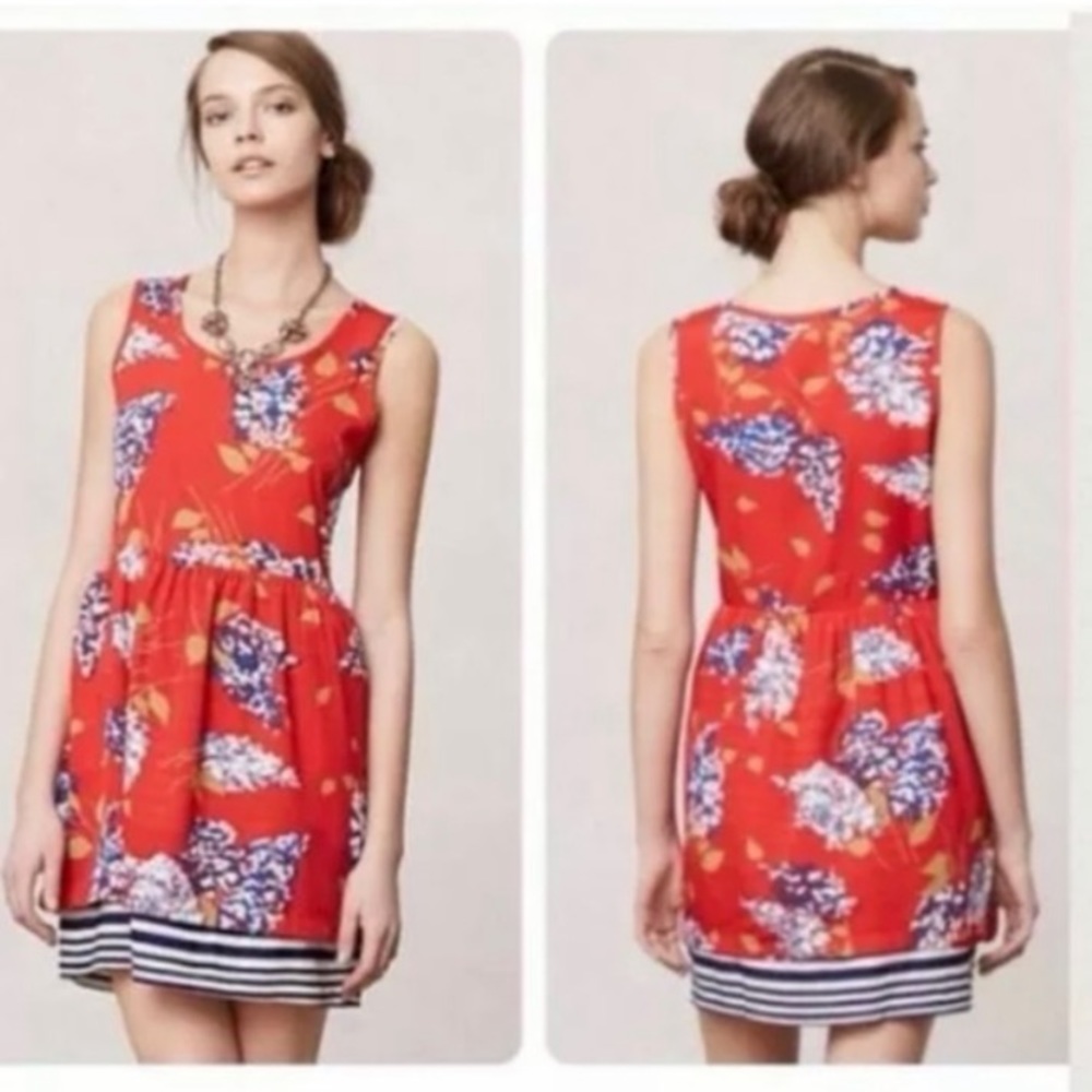 Anthropologie red floral w/ stripe tank dress XS